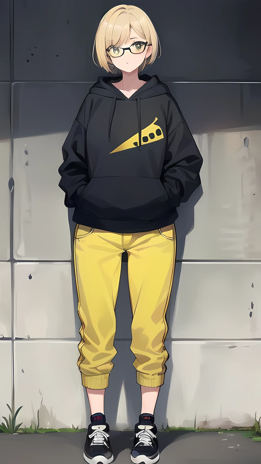 (1 woman:1.5), Masterpiece, (Best quality:1.3), 8K, absurdres, finely detail, perfect anatomy, 4K, detailed eyes, break, very shortcut hair, (straight blonde), black eye, eyewear, (big black hoodie), (yellow skiny pants:1.2), high cut sneaker, graphity wall