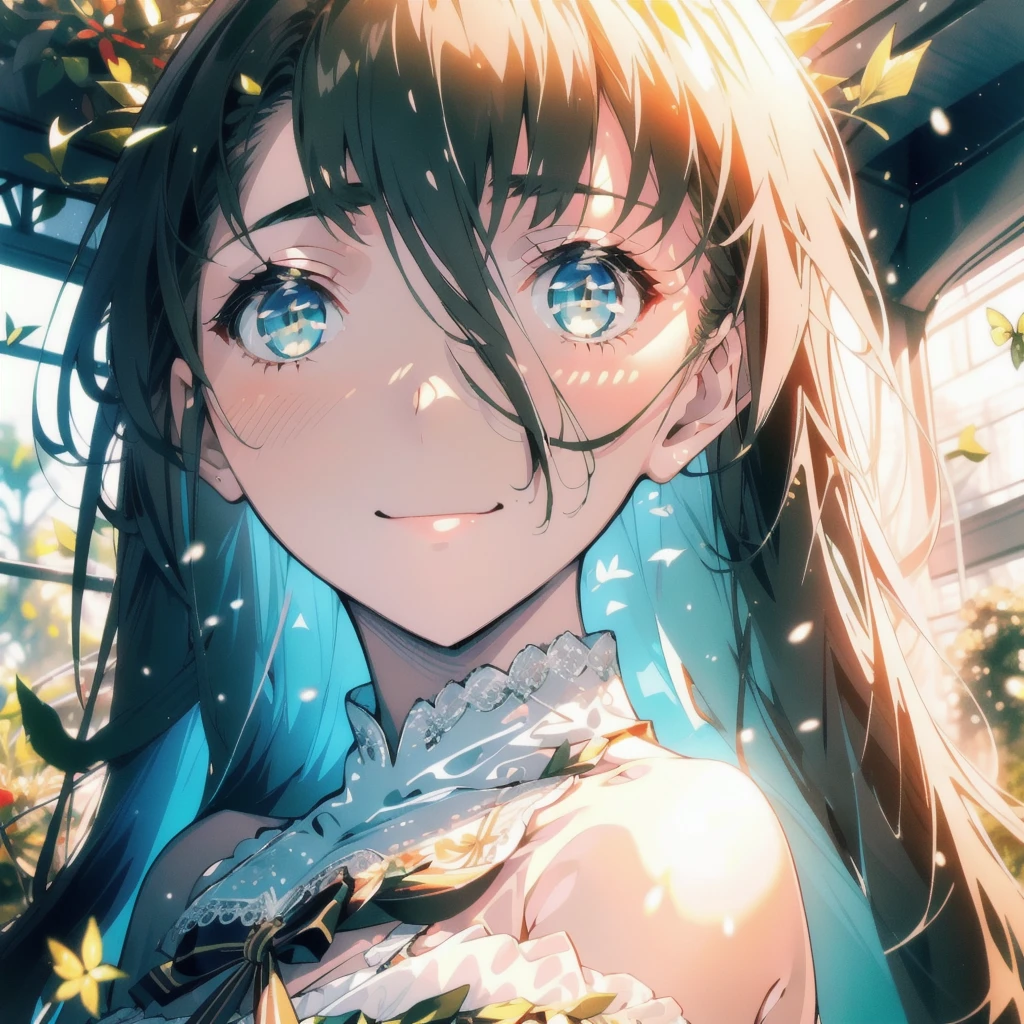 ((masterpiece, best quality)), Delicate face,student,Smiley Face,whole body,whole body立绘,Long legs,Large Breasts,JK dress up,Gradient long wavy hair,Perfect body proportions,Nice green eyes,Extremely beautiful,transparent, Pure white background,Garden falling leaves,Sexy_Bikini,Lace,Garter stockings