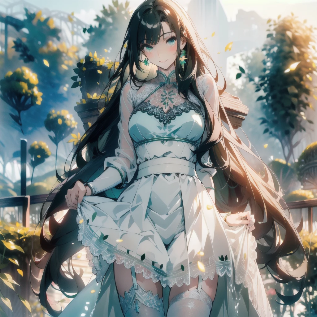 ((masterpiece, best quality)), Delicate face，student，Smiley Face，whole body，whole body立绘，Long legs，Large Breasts，JK dress up，Gradient long wavy hair，Perfect body proportions，Nice green eyes，Extremely beautiful，transparent， Pure white background，Garden falling leaves，Sexy_Bikini，Lace，Garter stockings