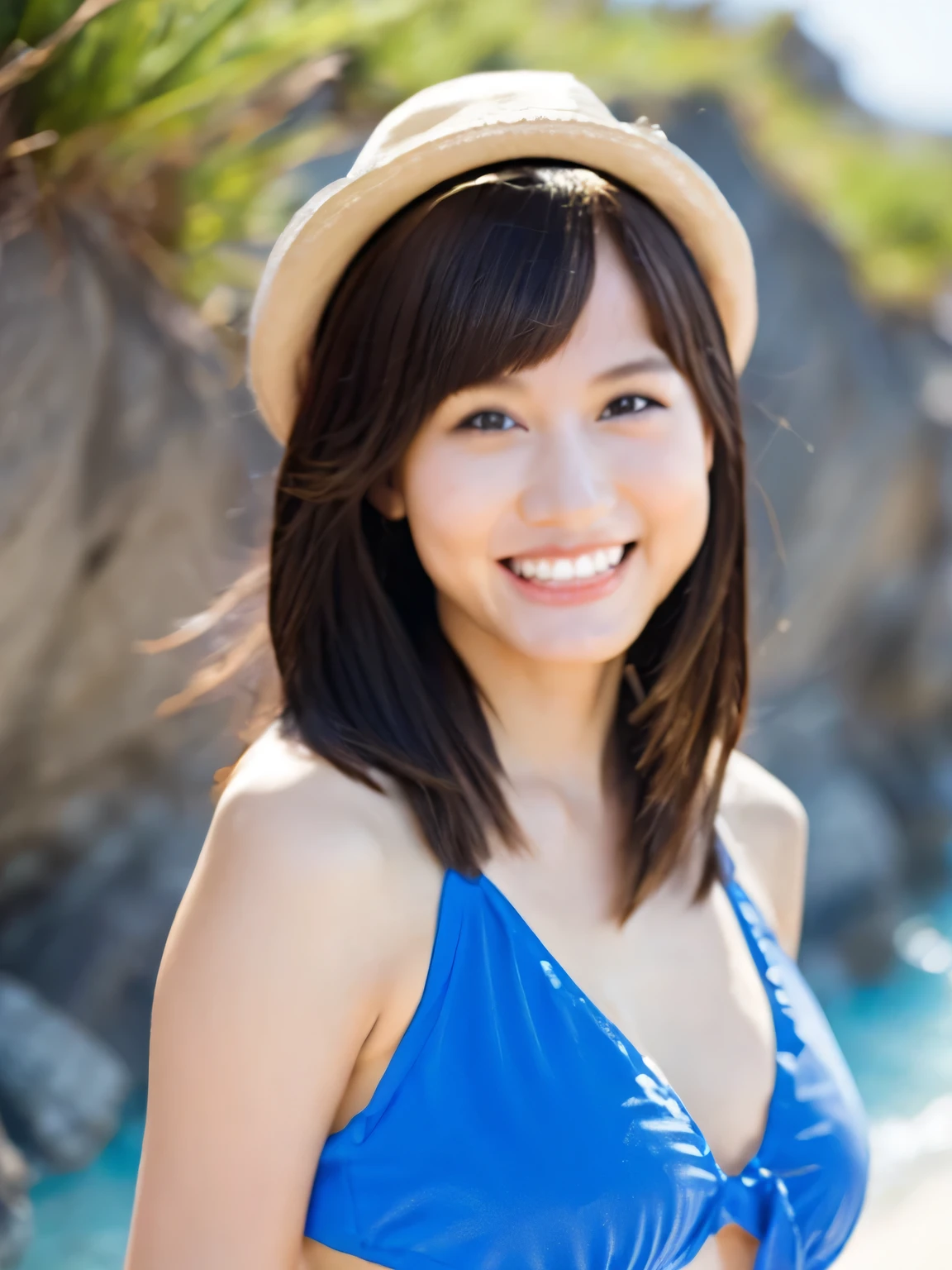 One girl, Small breasts, Slender body, Mid-length hair, cute, Blue Bikini, smile, View Viewer, Beach, Realistic, Detailed face, Cowboy Shot, ((masterpiece)), ((highest quality)), ((Super detailed))