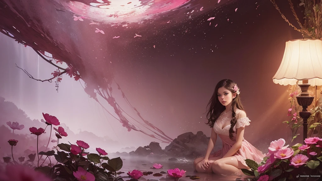 32k, Masterpiece, Highest quality, One girl, Detailed eyes, flower,Sandersonia, Pink and brown style,A dreamy, romantic piece,Pale pink, Mysterious Leaves,A playful arrangement,Fantasy,High Contrast,Ink strokes,explosion,Exposure, Impression of pink and brown tones,Abstract,((Watercolours by John Berkey and Jeremy Mann )) Brush strokes,Negative Space, Tyndall effect,