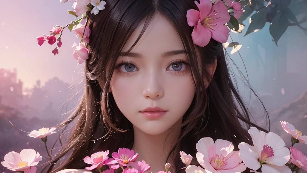 32k, Masterpiece, Highest quality, One girl, Detailed eyes, flower,Sandersonia, Pink and brown style,A dreamy, romantic piece,Pale pink, Mysterious Leaves,A playful arrangement,Fantasy,High Contrast,Ink strokes,explosion,Exposure, Impression of pink and brown tones,Abstract,((Watercolours by John Berkey and Jeremy Mann )) Brush strokes,Negative Space, Tyndall effect,