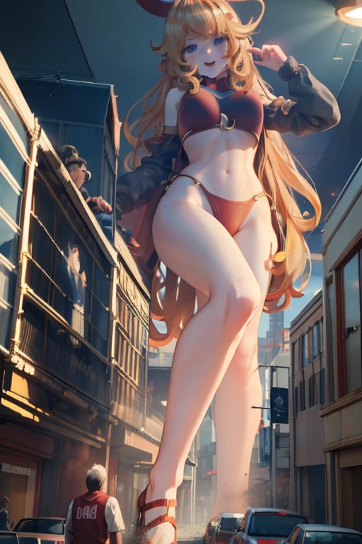 Giant Girl 50,000 km high,Have a pair of long legs,Have a pair of huge breasts,Wearing a red bikini,Waist-length blonde hair,Loose hair,Wear a pair of Mary Janes,Blonde curly hair,Full of enjoyment,Stand tall in a crowded town,,It seems to be an invincible existence,Beautiful appearance,Exquisite makeup,quality,8K,高quality,(Governor:1.5),Perfect proportion, theater lighting,Film Grain,Fuji Colors,8K,Textured Skin,Super Detail,High Detail,high quality,high resolution,thunderclap,Fake laugh,Morning,Perfect body ,Full body image