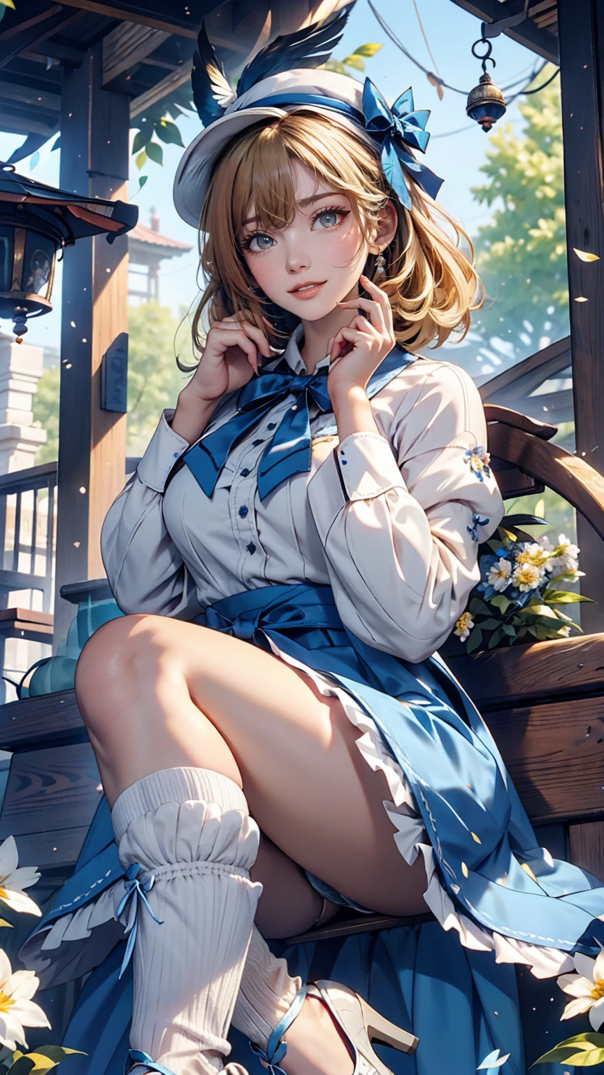 Uekura, One girl, Blonde, White Background, Have, dress, Blue footwear, wing, Simple Background, sign, flower, Manicure, Wide sleeves, Long sleeve, blush, animal, white flower, alone, whole body, bird, View your viewers, High heels, Put your hand on your cheek, put your hand on your face, Frills, bow, bangs, ribbon, Bell, Blue hat, +_+, shoes下, short hair, Grey Eyes, shoes, Blue Claws, feathered wing, blue bow