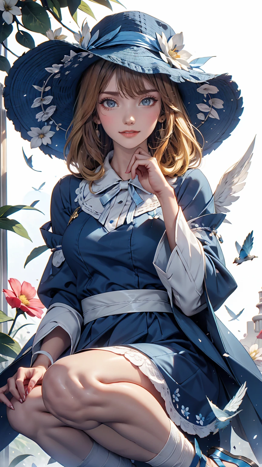 Uekura, One girl, Blonde, White Background, Have, dress, Blue footwear, wing, Simple Background, sign, flower, Manicure, Wide sleeves, Long sleeve, blush, animal, white flower, alone, whole body, bird, View your viewers, High heels, Put your hand on your cheek, put your hand on your face, Frills, bow, bangs, ribbon, Bell, Blue hat, +_+, shoes下, short hair, Grey Eyes, shoes, Blue Claws, feathered wing, blue bow