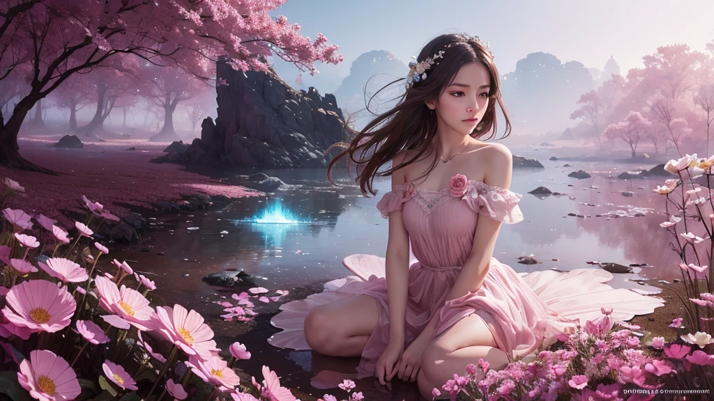 32k, Masterpiece, Highest quality, One girl, Detailed eyes, flower,Sandersonia, Pink and brown style,A dreamy, romantic piece,Pale pink, Mysterious Leaves,A playful arrangement,Fantasy,High Contrast,Ink strokes,explosion,Exposure, Impression of pink and brown tones,Abstract,((Watercolours by John Berkey and Jeremy Mann )) Brush strokes,Negative Space, Tyndall effect,
