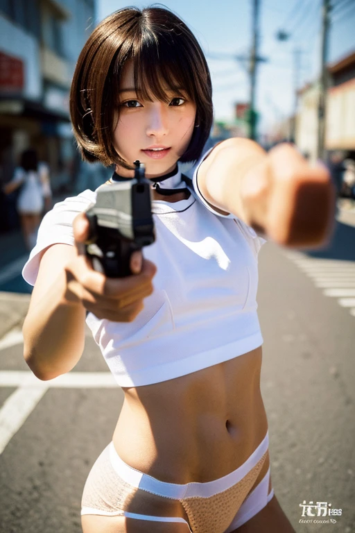 Analog Style, RAWphotograph, photograph, Hyperrealistic, amateur photo shot , Aesthetic artwork, ((Magazine Cover、Large text)), On the city streets, Detailed skin, detailed natural raw light, Very detailedな, Cinematic, highest quality, Super detailed, Very detailed, grain, noise, Heading, stylish, font, Memorable、A boyish and healthy beautiful girl,((Flowing sweat)) Beautiful Eyes, Realistic eyes, Beautiful details in the eyes, (Realistic Skin),Japanese Idols、short hair、(((High school girl)))、choker , (((High school uniform))) , (((small panties))) ,(don't wear skirts) , (((thong panties))), (((holding a Colt Government, M1911))) , (((pointing the gun towards me)))