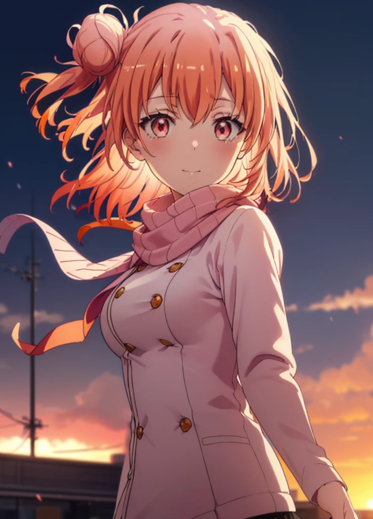 yuiyuigahama, yui yuigahama, Long Hair, (Pink Eyes:1.5), (Orange Hair:1.2), Hair Bun, single Hair Bun,blush, smile, (Big Breasts:1.2),Red scarf,Pink long coat Open the button,White sweater,Short Band,Black knee-high socks,short boots,evening,sunset,whole bodyがイラストに入るように,
break outdoors,city,Building Street,
break looking at viewer,whole body,
break (masterpiece:1.2), Highest quality, High resolution, unity 8k wallpaper, (shape:0.8), (Beautiful and beautiful eyes:1.6), Highly detailed face, Perfect lighting, Highly detailed CG, (Perfect hands, Perfect Anatomy),