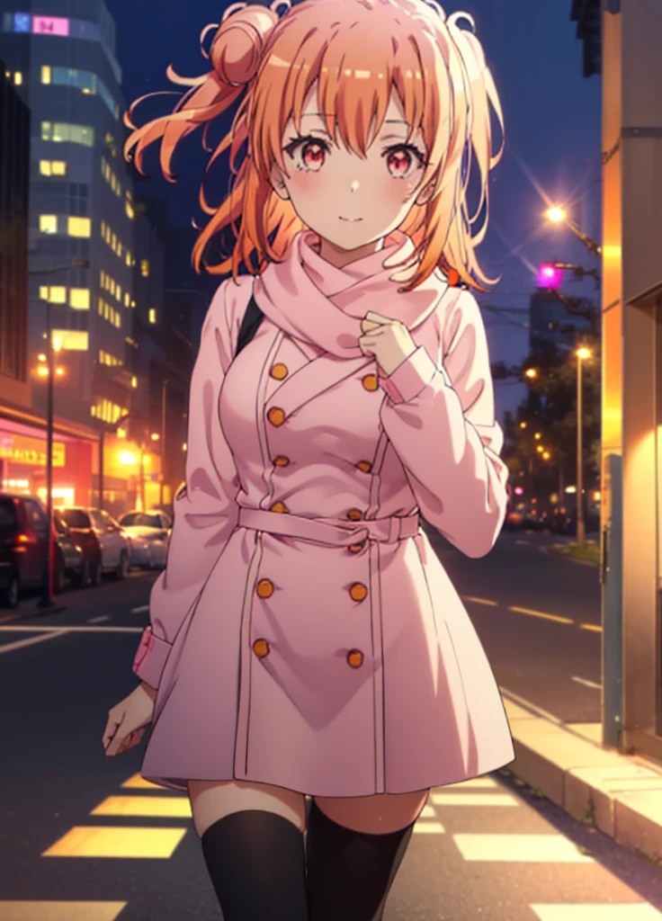 yuiyuigahama, yui yuigahama, Long Hair, (Pink Eyes:1.5), (Orange Hair:1.2), Hair Bun, single Hair Bun,blush, smile, (Big Breasts:1.2),Red scarf,Pink long coat　Open the button,White sweater,Short Band,Black knee-high socks,short boots,evening,sunset,whole bodyがイラストに入るように,
break outdoors,city,Building Street,
break looking at viewer,whole body, 
break (masterpiece:1.2), Highest quality, High resolution, unity 8k wallpaper, (shape:0.8), (Beautiful and beautiful eyes:1.6), Highly detailed face, Perfect lighting, Highly detailed CG, (Perfect hands, Perfect Anatomy),