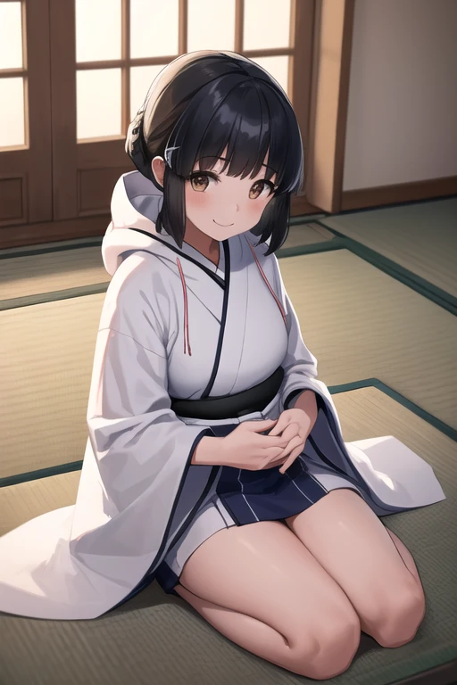 One girl, alone,
Myoko \(Kantai Collection\),
indoor, Japanese-style room, tatami, Shiromuku,White hood,White kimono, seiza, smile,