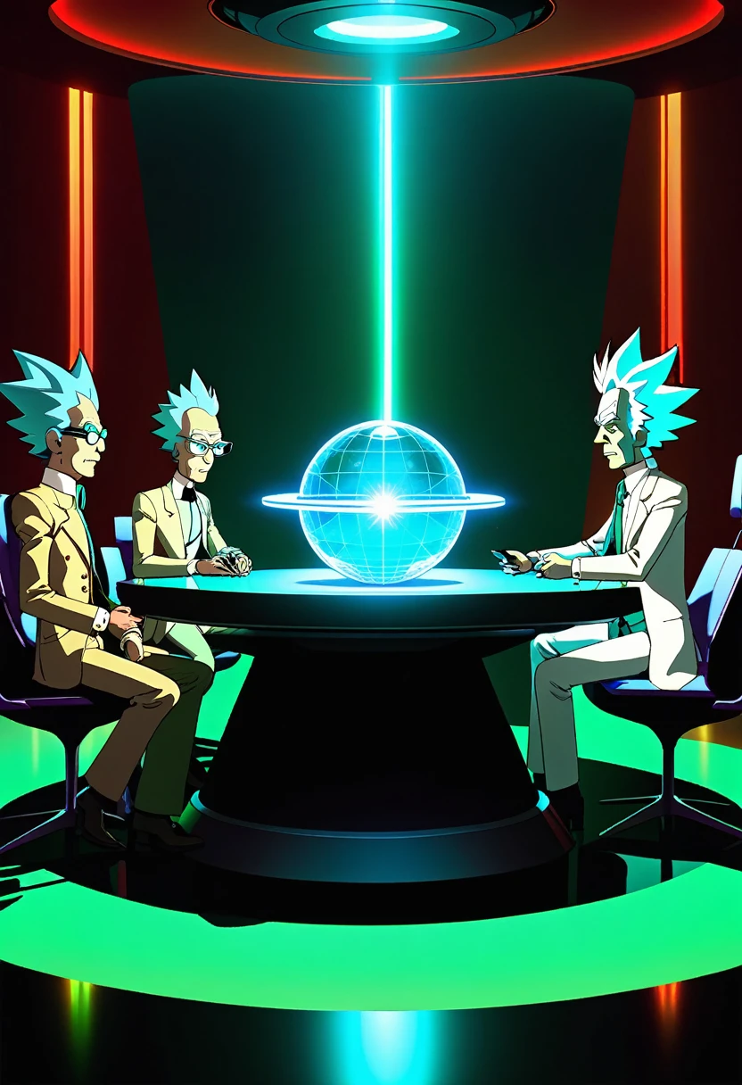 Council of Ricks Description: The Council of Ricks in a secret meeting, discutindo planos interdimensionais e conspirando.
Detalhes: Different Ricks are sitting at a futuristic table, com hologramas e mapas interdimensionais flutuando ao redor. Each Rick has a unique expression and pose, refletindo suas personalidades variadas.