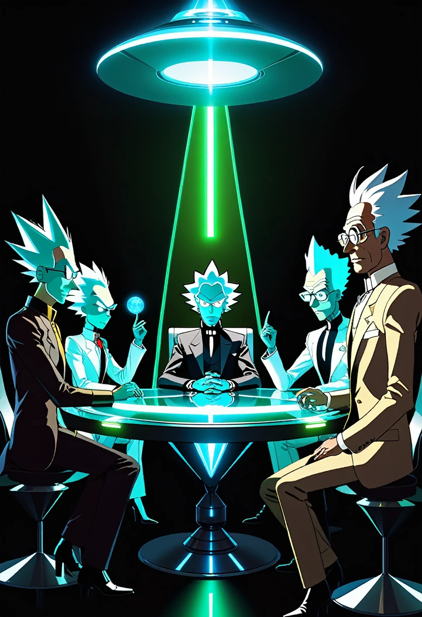 Council of Ricks Description: The Council of Ricks in a secret meeting, discutindo planos interdimensionais e conspirando.
Detalhes: Different Ricks are sitting at a futuristic table, com hologramas e mapas interdimensionais flutuando ao redor. Each Rick has a unique expression and pose, refletindo suas personalidades variadas.