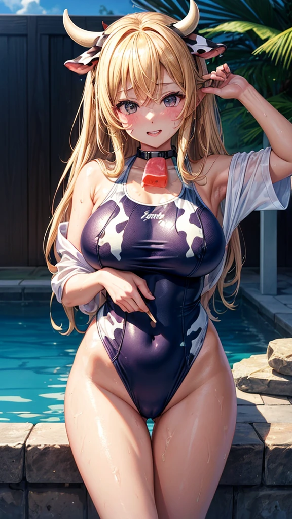 (highest quality)), ((masterpiece)), (Familiar), Perfect Face,Shiny skin,Beautiful breasts,Kyoto Animation style drawing,Shiny skin、hoodie、Sunburned skin、Sweat、Off the shoulder、((Cow print swimsuit))、Double teeth
、Young、Big Breasts、Embrace、hot spring、dark skin、close、near、Having popsicles、night、Blonde、