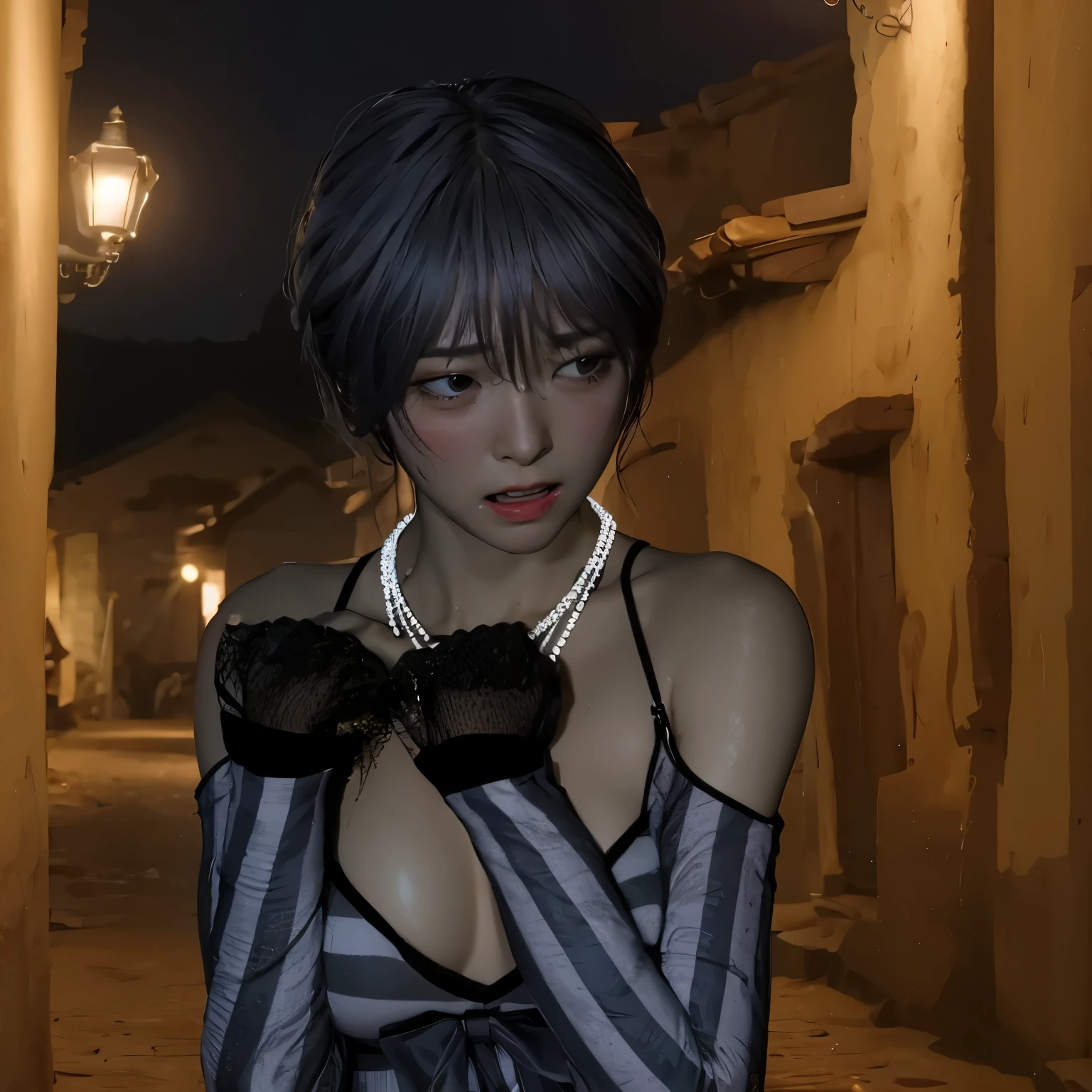 ((sad、Frightened expression))、((Sweaty、Blushing'cheek、Sweaty skin))、(8k, Highest quality, masterpiece:1.2), (Realistic, photo-Realistic:1.37), Very detailed,Highest quality, Ultra-high resolution, Professional Lighting, Photon Mapping, Radio City, Physically Based Rendering, Cinema Lighting, Midnight Road,Depth of the written border, Sharp focus,moonlight, Good composition,1 Girl,alone,(whole body), (whole body),Beautiful and beautiful eyes,((Red eyes、I'I'm afraid of something))、 Pause, Tight waist,Japanese , Black Hair,Messy Hair,Long hair blowing in the wind,((Navy blue socks))、(Urzan-6500:1.2)、 Mix 4,