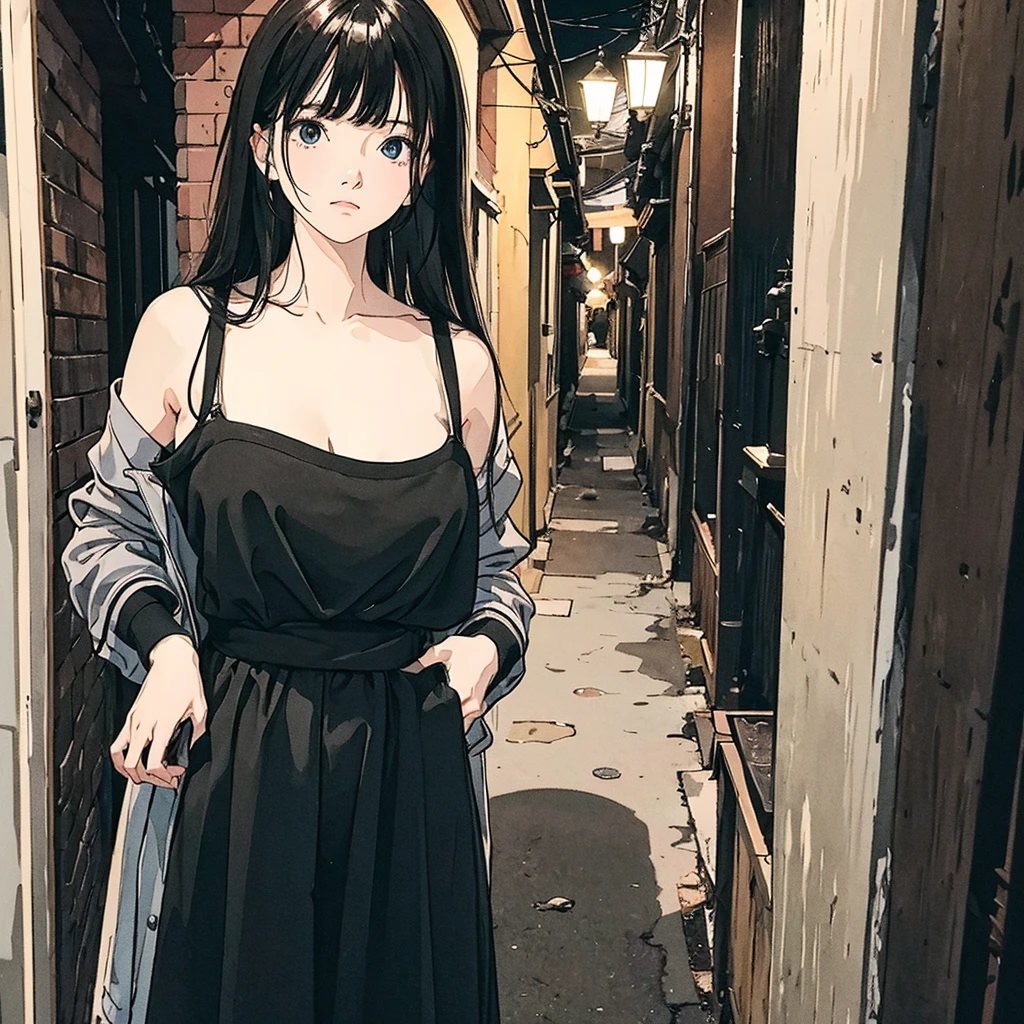 highest quality、masterpiece、High sensitivity、High resolution、One Woman、Looking at me with a frightened expression、In a dimly lit back alley、His clothes were cut with a knife、Covering exposed skin with hands、