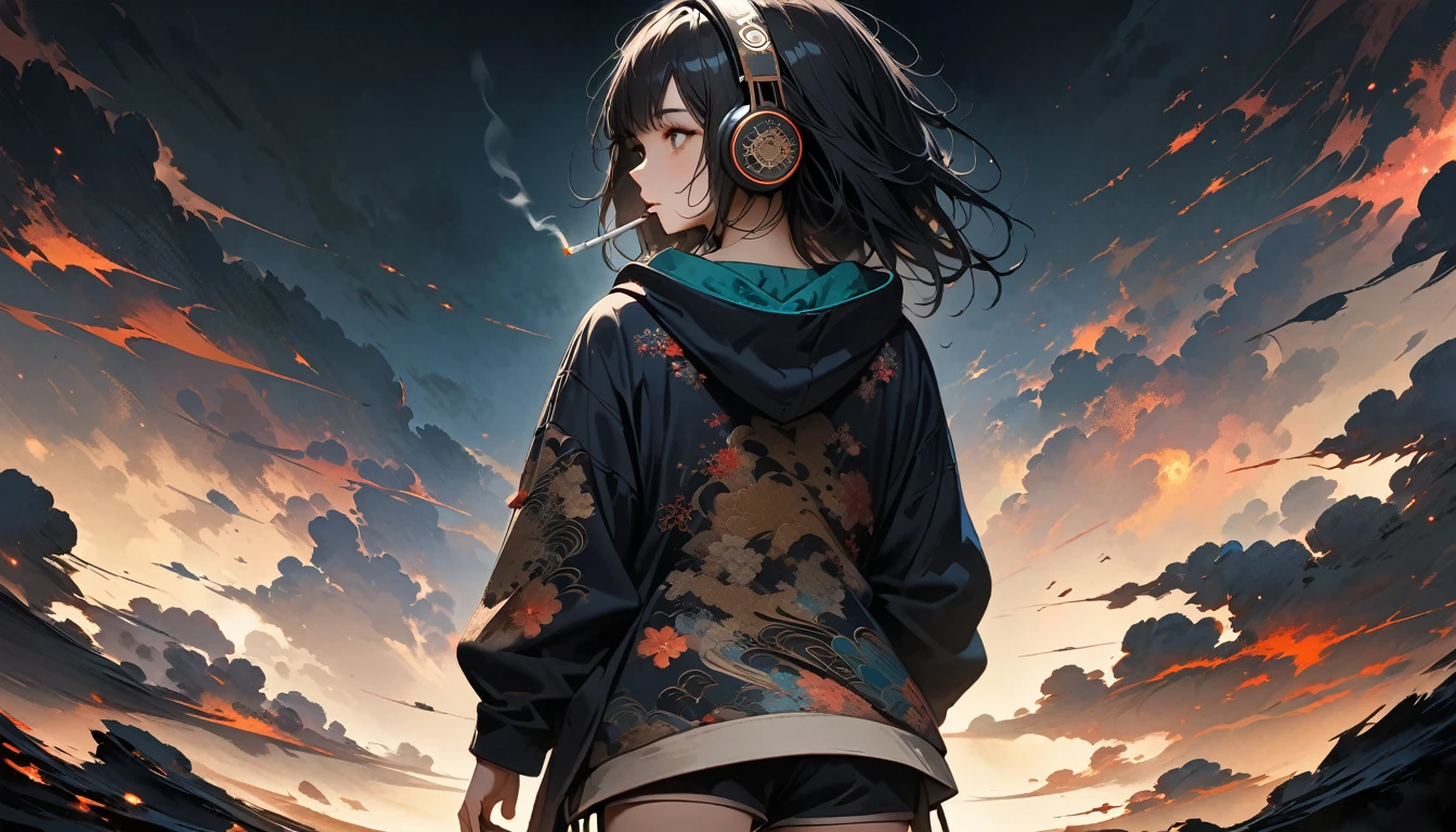 (((from behind))), ((8k of extremely detailed CG unit, Masterpiece, high resolution, highest quality, highest quality real texture skin)), (wearing Japanese pattern headphones), ((1 girl)), (((A cigarette glows in the darkness))), (Japanese pattern hoodie, Japanese-style shorts), (Black hair, messy hair, beige skin), (Surreal, digital painting), Midnight