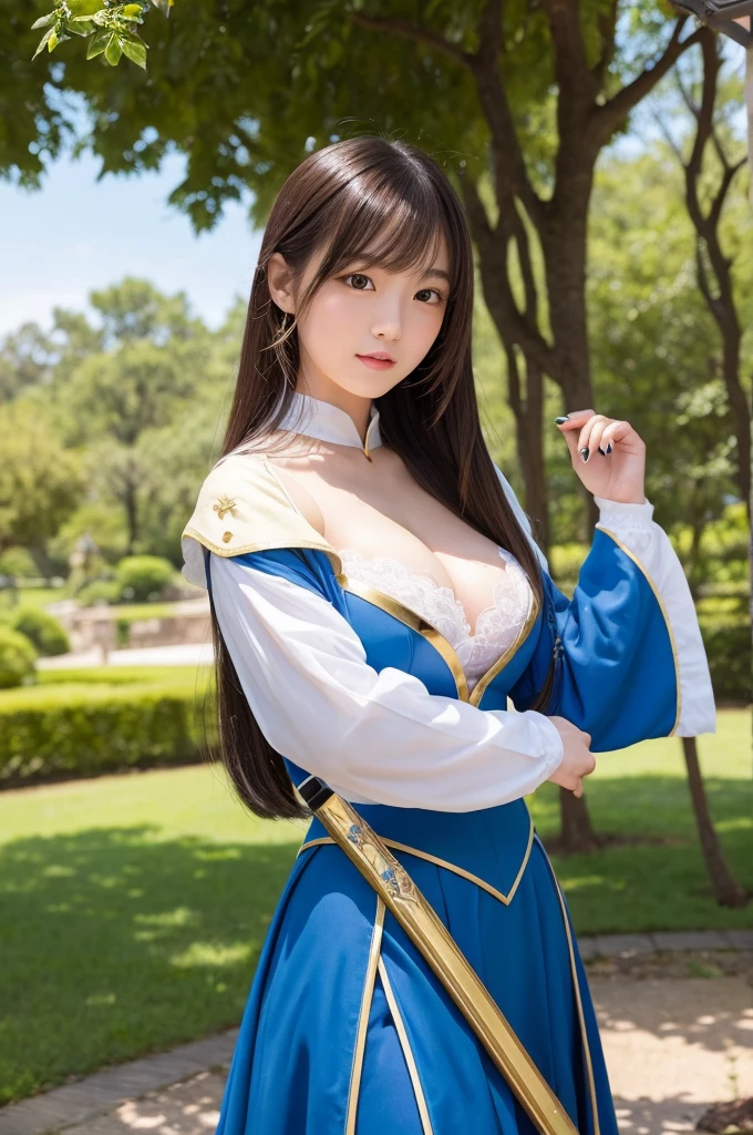 A young Japanese idol-style woman with a small, round face and youthful features. She has natural makeup with a hint of blush and glossy lipstick, wearing a confident and noble expression. Her hair is long, blonde, and styled in a straight, flowing manner. She has a short and voluptuous build with fair skin, a slim stomach, and a curvaceous figure. She is wearing a detailed SAO Alice cosplay outfit: a blue and white knight's uniform with a flowing cape, a golden breastplate, and a long, flowing skirt. She is standing in a heroic pose, one hand resting on the hilt of a sword at her side and the other raised in a gesture of command. The background features a grand, medieval castle with lush gardens and a bright, sunny sky. The camera angle is from a low perspective, capturing her full body and the majestic, regal atmosphere. The image should be high quality, realistic, and detailed.
