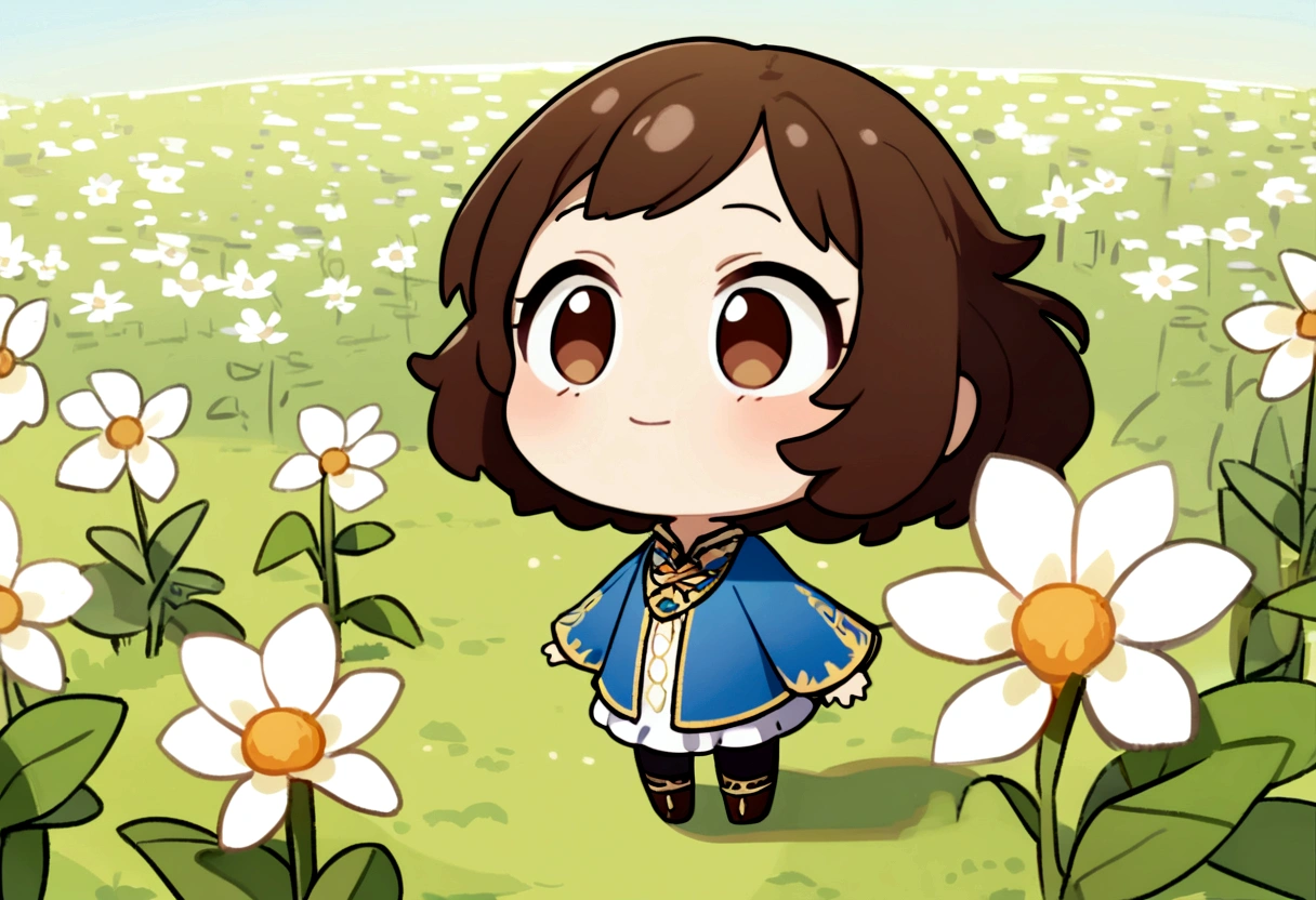 A girl with dark brown hair, long blue sleeves style, standing in a field full of white flowers, looking up at the sky, chibi style