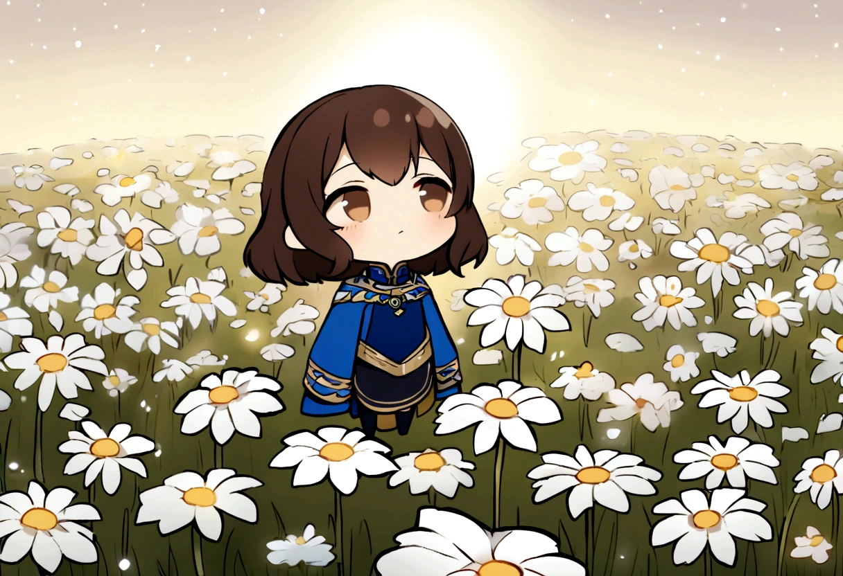 A girl with dark brown hair, long blue sleeves style, standing in a field full of white flowers, looking up at the sky, chibi style