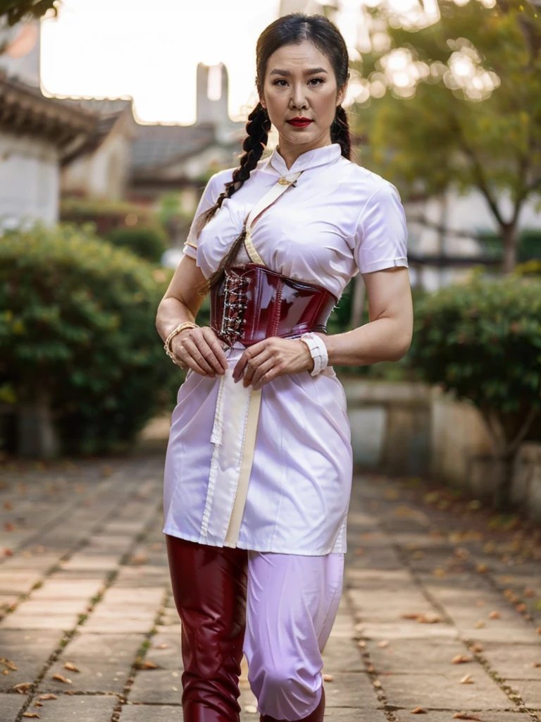 ((best quality)), ((Masterpiece)), (4k details), photorealism, full body, (((Old Asian woman))), ((Age 70)), Plump body, tight red latex leggings, white cotton dress shirt, purple leather waist corset, Big muscles, Twintail hairstyle, Eyes on the camera, red lips"