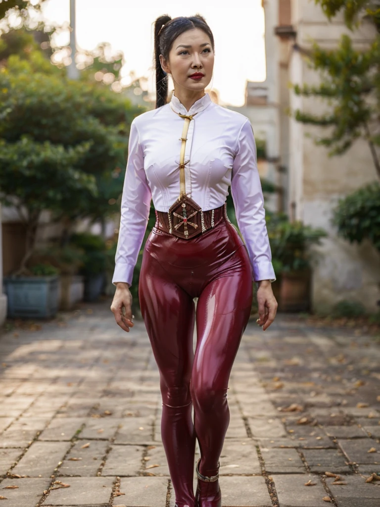((best quality)), ((Masterpiece)), (4k details), photorealism, full body, (((Old Asian woman))), ((Age 70)), Plump body, tight red latex leggings, white cotton dress shirt, purple leather waist corset, Big muscles, Twintail hairstyle, Eyes on the camera, red lips"