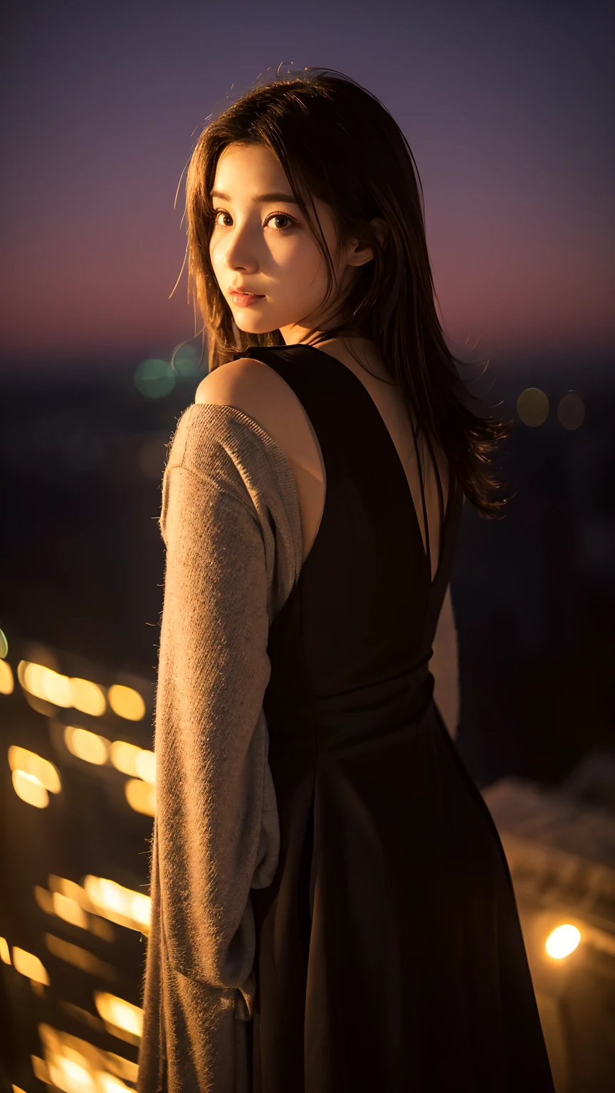 Unreal world、(((Standing at the top of a tall chimney)))、night、night景、Spectacular views、City、masterpiece,best quality,ultra detailed,highres,high-resolution,4k,realistic,RAW photo,((real person)),portrait photography,photorealistic,detailed skin,(delicate black eyes ), A soothing woman with sagging eyes,Calm and calm, middle hair,skinny,clothing,The wind is blowing,tareme、Wide-hemmed dress