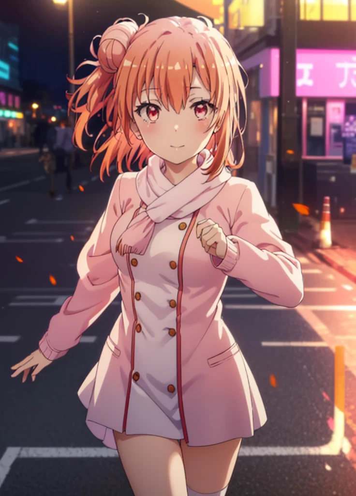yuiyuigahama, yui yuigahama, Long Hair, (Pink Eyes:1.5), (Orange Hair:1.2), Hair Bun, single Hair Bun,blush, smile, (Big Breasts:1.2),Red scarf,Pink long coat Open the button,White sweater,Short Band,Black knee-high socks,short boots,evening,sunset,whole bodyがイラストに入るように,
break outdoors,city,Building Street,
break looking at viewer,whole body,
break (masterpiece:1.2), Highest quality, High resolution, unity 8k wallpaper, (shape:0.8), (Beautiful and beautiful eyes:1.6), Highly detailed face, Perfect lighting, Highly detailed CG, (Perfect hands, Perfect Anatomy),