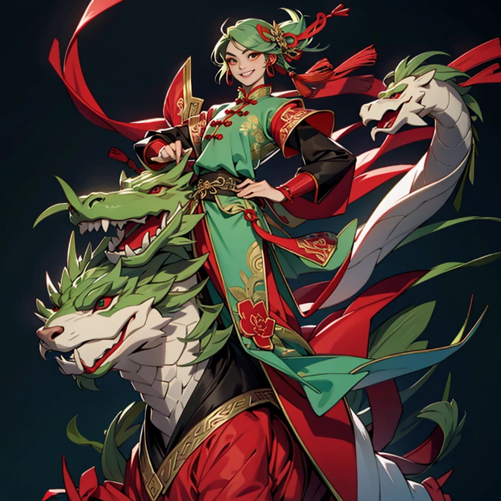 Mainly green,Red jewelry,alone,Kind,dignified,Chinese clothing,Smile,Red eyeshadow,woman