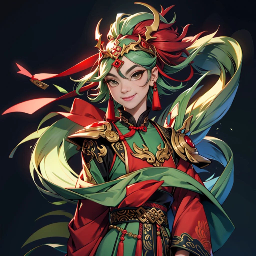 Mainly green,Red jewelry,alone,Kind,dignified,Chinese clothing,Smile,Red eyeshadow,woman