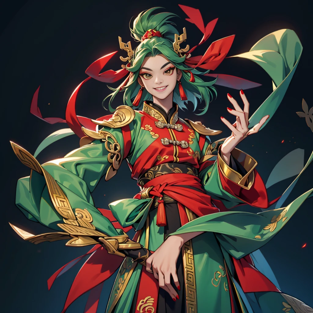 Mainly green,Red jewelry,alone,Kind,dignified,Chinese clothing,Smile,Red eyeshadow,woman
