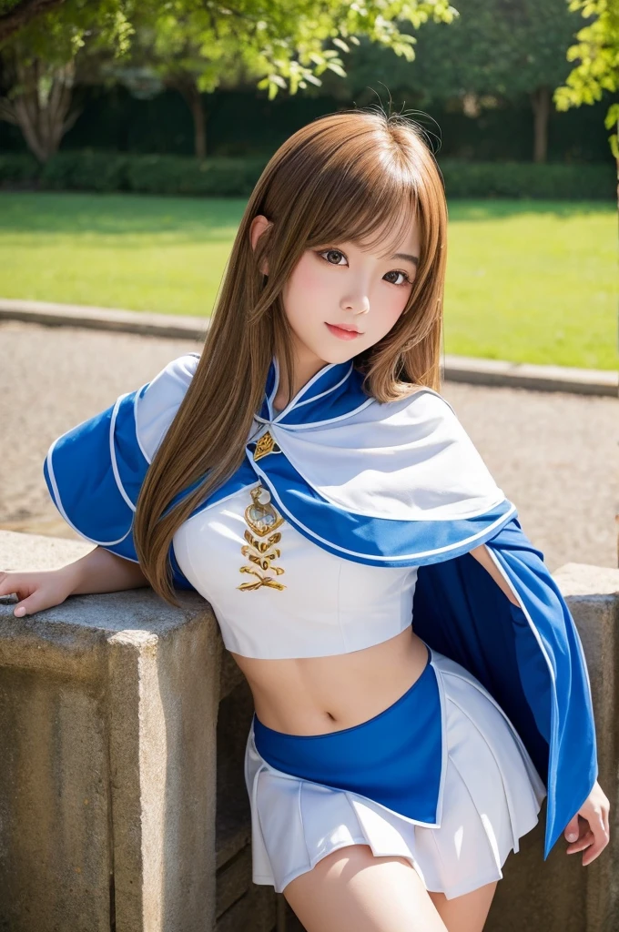 A young Japanese idol-style woman with a small, round face and youthful features. She has natural makeup with a hint of blush and glossy lipstick, wearing a confident and noble expression. Her hair is long, blonde, and styled in a straight, flowing manner. She has a short and voluptuous build with fair skin, a slim stomach, and a curvaceous figure. She is wearing a detailed SAO Alice cosplay outfit: a blue and white knight's uniform with a flowing cape, a golden breastplate, and a long, flowing skirt. She is standing in a heroic pose, one hand resting on the hilt of a sword at her side and the other raised in a gesture of command. The background features a grand, medieval castle with lush gardens and a bright, sunny sky. The camera angle is from a low perspective, capturing her full body and the majestic, regal atmosphere. The image should be high quality, realistic, and detailed.
