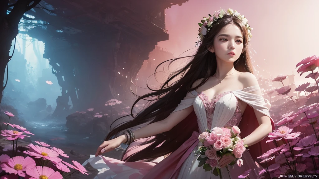 32k, Masterpiece, Highest quality, One girl, Detailed eyes, flower,Sandersonia, Pink and brown style,A dreamy, romantic piece,Pale pink, Mysterious Leaves,A playful arrangement,Fantasy,High Contrast,Ink strokes,explosion,Exposure, Impression of pink and brown tones,Abstract,((Watercolours by John Berkey and Jeremy Mann )) Brush strokes,Negative Space, Tyndall effect,