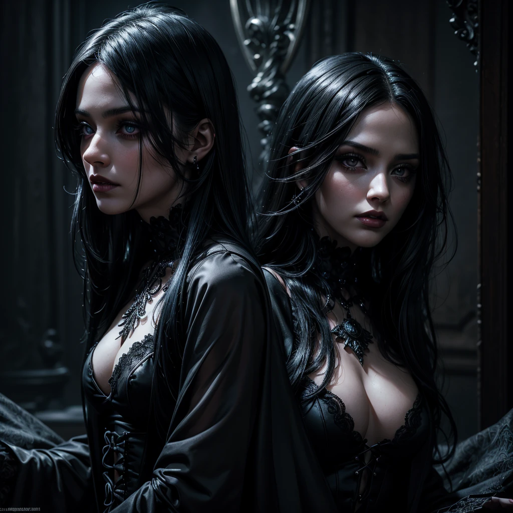 a charming ghostly girl with long black hair, detailed beautiful eyes, detailed beautiful lips, extremely detailed face, longeyelashes, wearing a sexy gothic dress, black pantyhose, in a sinister and mysterious environment, dark moody lighting, (best quality,4k,8k,highres,masterpiece:1.2),ultra-detailed,(realistic,photorealistic,photo-realistic:1.37),dark fantasy,gothic,horror,dramatic lighting