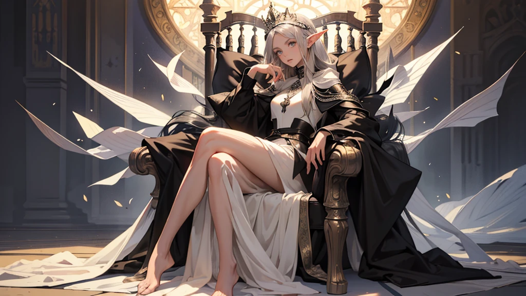 masterpiece, ultra detailed, 8K Portrait, Raw photo, a portrait photo of girl, Highly detailed face, beautiful and meticulous eyes, ((Fantasy)), (elf:1.0), 1woman, 30 year old, gray long hair, brown eyes, (melancholy expression:1.2), tiara, skinny, (ultra thin black transparent silk cloth), hooded long white coat Fluttering in the wind, ((bare foots)), Midday Sun, Hyper realistic, out of medieval castle in the sky, sitting on the throne, Ambient lighting, Shadow details , strong breeze, Light fog
