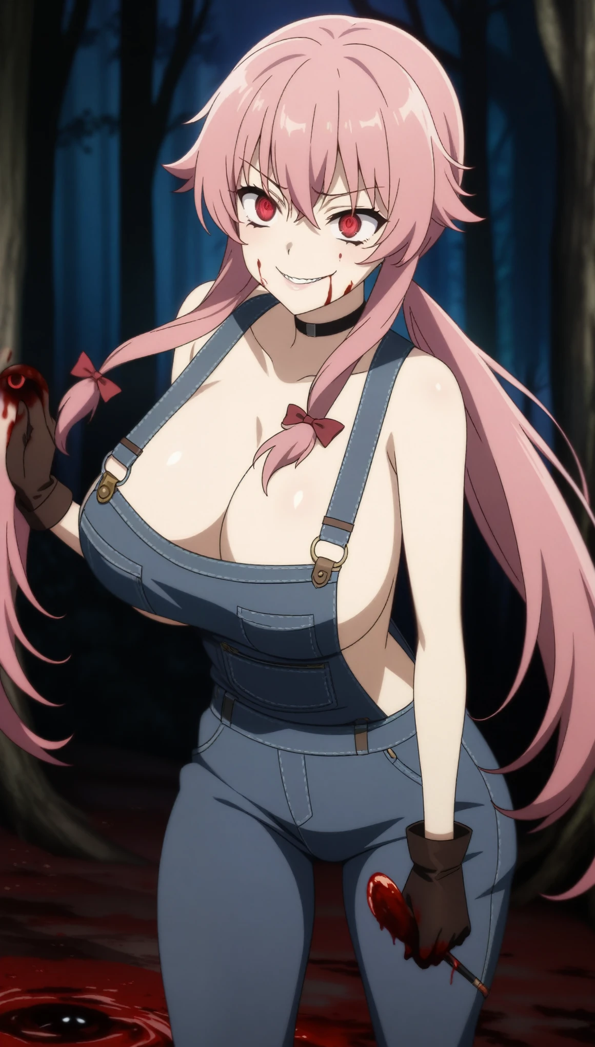 anime_still, masterpiece, best quality, 1girl, Gasai Yuno, long hair, pink hair, low twintails, smile, naked, red eyes, (large breasts:1.5),1girl, black choker, dark grey, (overalls:1.25), leather gloves, black boots, ((nigth:1.5)), (chasing you through the woods BY yuno gasai), moonlight, blood on floor, horror scane, (evil smile:1.4), (evil eyes:1.6), (horror_movies:1.5), (woods:1.6),(dark:1.7), (out_boors), blood on hands,blood stain