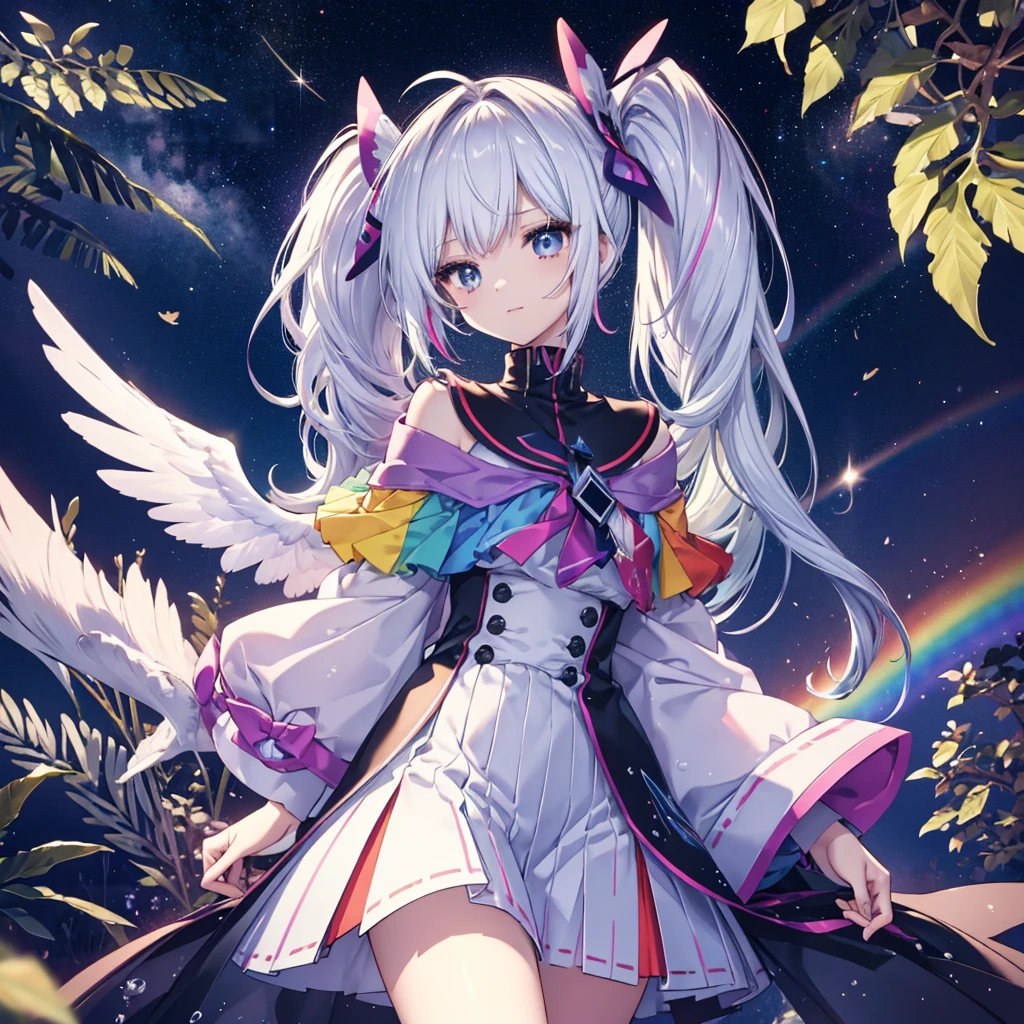 ((Archangel　Fantasy　Rainbow Hair　Make your hair rainbow-colored on the inside　Twin tails　Rainbow Eyes　starの虹彩　Has a shiny ball　Put on a coat without putting your arms through it　Moe sleeves　Wings many times larger than mine　rainbow gradient feathers　Lonely　Smiling Kindly　Left facing))　((tears　gloves))　(Broken glass　Rolling Pebbles　Distorted Space-Time　star)　Catch the wind　milky way　Shining Background　Particles of light, rainbow colored edges　Shining Edge　star
