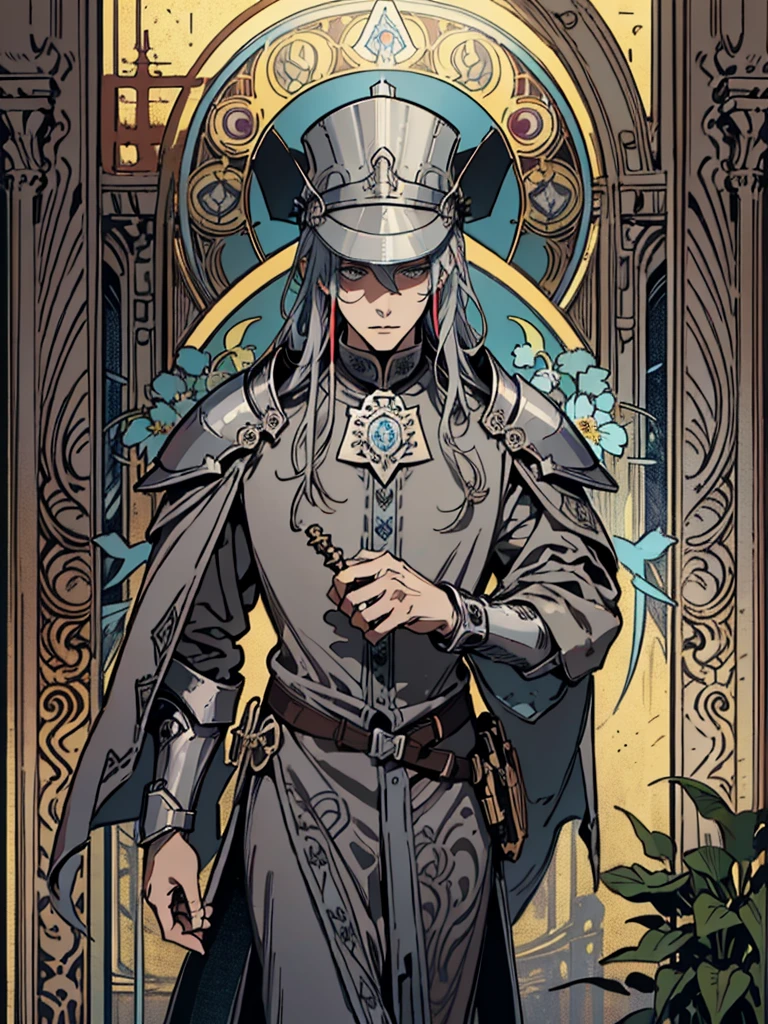 (Flat color:1.1),(Colorful:1.3),(Masterpiece:1.2), tarot: healer, Best quality, Masterpiece, Original, 1 male, metal face, stern, wide brim hat, cleric robes, holding mace, Full body photo of men,((gray armor)), Very detailed wallpaper, Solo,(dream scenery),tarot card layout,Best quality, Masterpiece, (Realistic:0.6), Realistic lighting, Flower frame, Decorative panels, abstract artistic, Alphonse Mucha (masterpiece, best quality, A high resolution: 1.4), A detailed, Complicated details, 4K,cerulean, Line art, Fibonacci