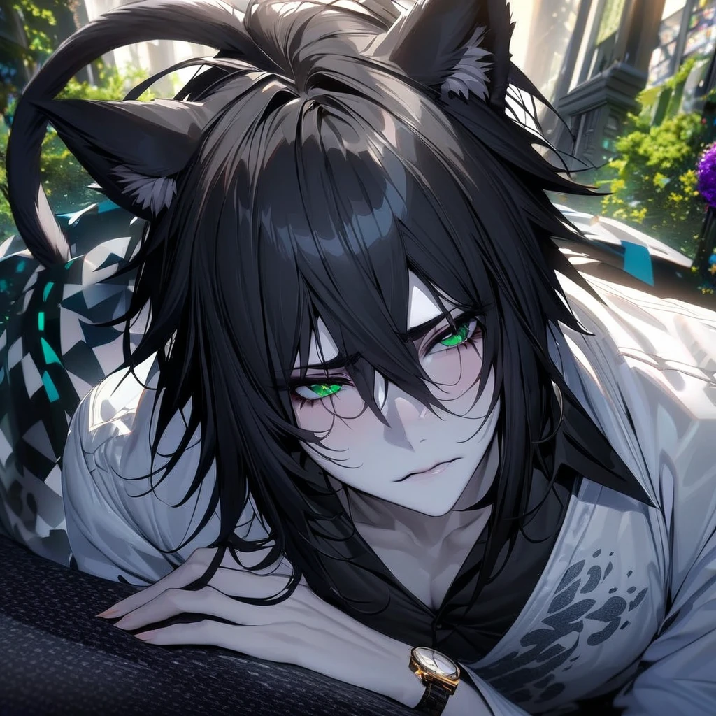 absurd, high definition, ultra detailed, HDR, masterpiece, extremely detailed face and eyes, perfect face, Ulquiorra Cifer, black hair, hair between eyes, expressive green eyes, pale skin, cat ears, big bushy tail, Bleach, solo, sexy man , handsome, white coat, tight black shirt, patterns, in wonderland, watch