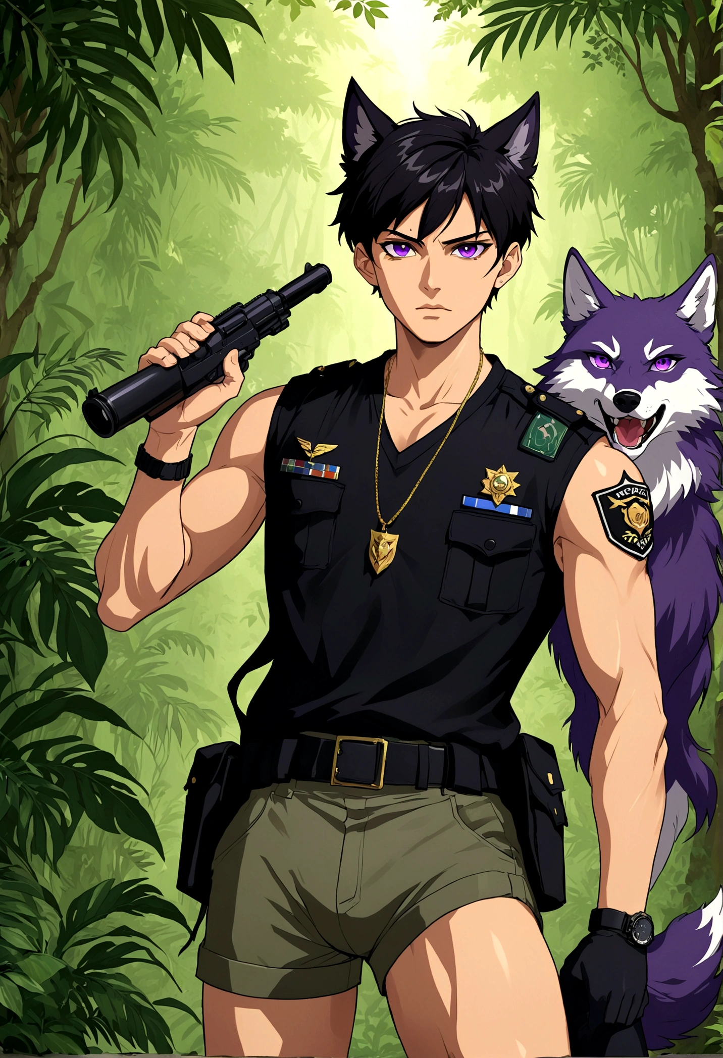 Jungle warrior，Handsome anime boy， Purple Eyes，Black short hair,Wolf ears，officer，Briefs，Special Forces，action，watch