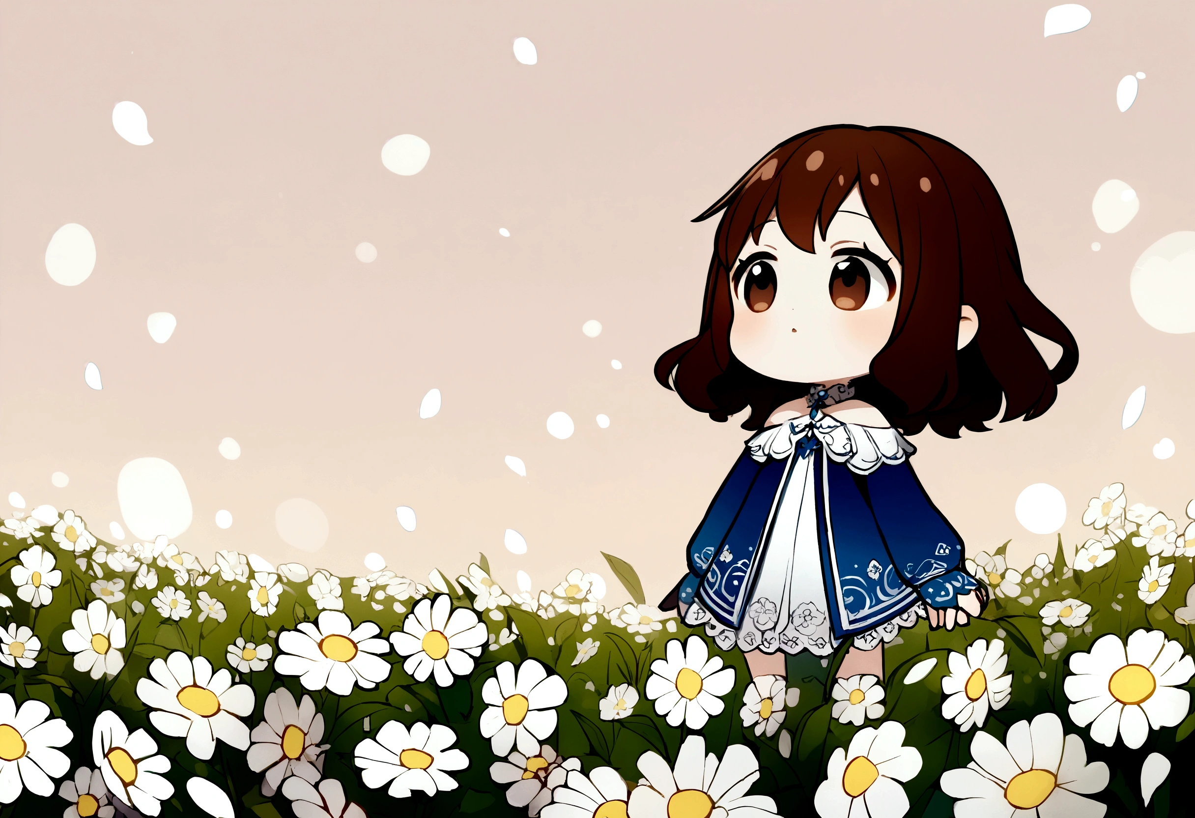A girl with dark brown hair, long blue sleeves style, standing in a field full of white flowers, looking up at the sky, chibi style