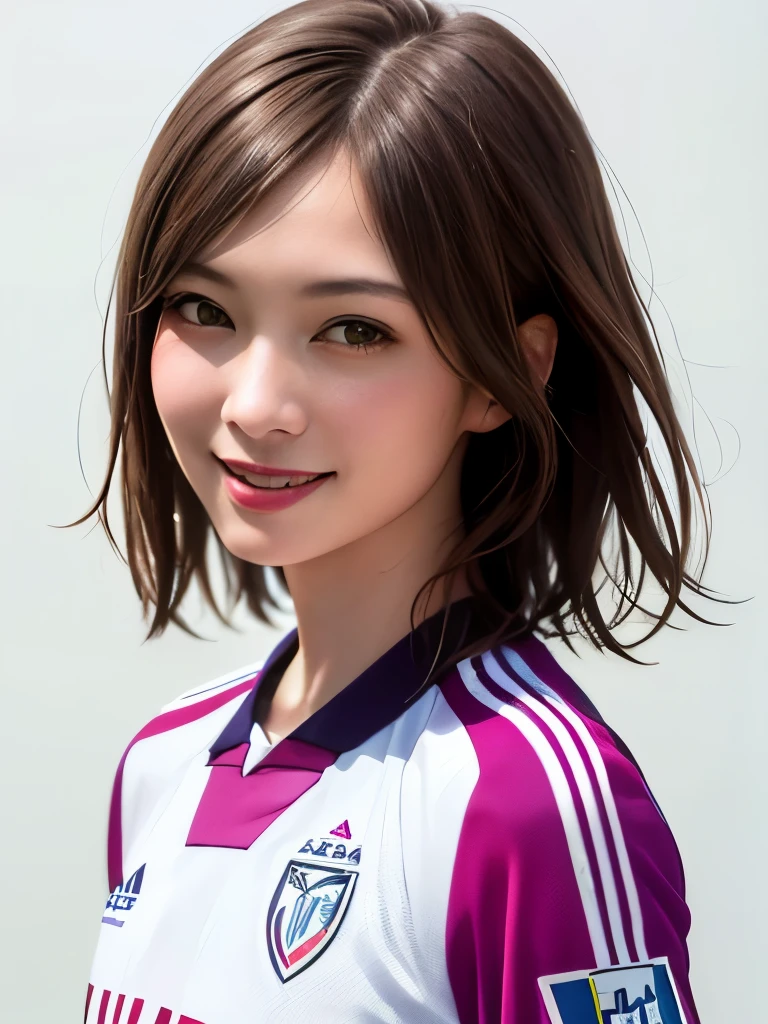 (Highest quality、8k、32k、masterpiece)、(Realistic)、(Realistic:1.2)、(High resolution)、Very detailed、Very beautiful face and eyes、1 girl、Round and small face、Tight waist、Delicate body、(close、Highest quality、Attention to detail、Rich skin detail)、(Highest quality、8k、Oil paints:1.2)、(Realistic、Realistic:1.37)、Bright colors、(((Brown Hair)))、(((Upper Body Shot)))、(((Medium Hair Hair)))Looks happy、(((White wall background)))、(((Happy expression)))、(((Soccer uniforms)))、(((紫のSoccer uniforms)))、(((smile)))、(((Purple uniform)))、