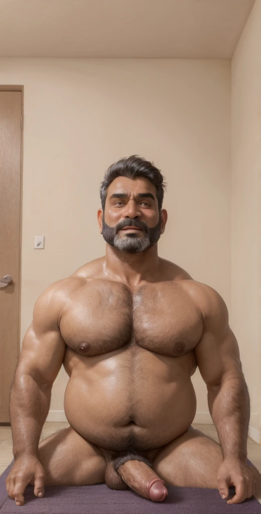 (doujin), hyperrealistic, solo, 60years old, facial wrinkles, (alpha beefy), (indian daddy), male focus, muscular, blushed, dark skin, (beard), (nude), (facesitting), (hairy), (on floor mat), big penis and saggy balls,