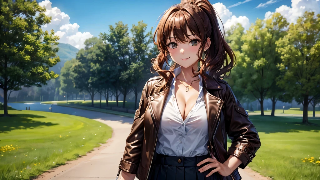 1girl, solo, summer, village, trees, sun, clouds, ((colorful hair)), curly hair, ponytail, large full breasts, ((brown leather jacket)), button down shirt, ((white shirt)), ((short sleeved shirt)), ((unbuttoned shirt)), unbuttoning buttons, cleavage 1:3, brown eyes, skirt, smile, looking at the viewer, standing, hair ribbon, golden necklate