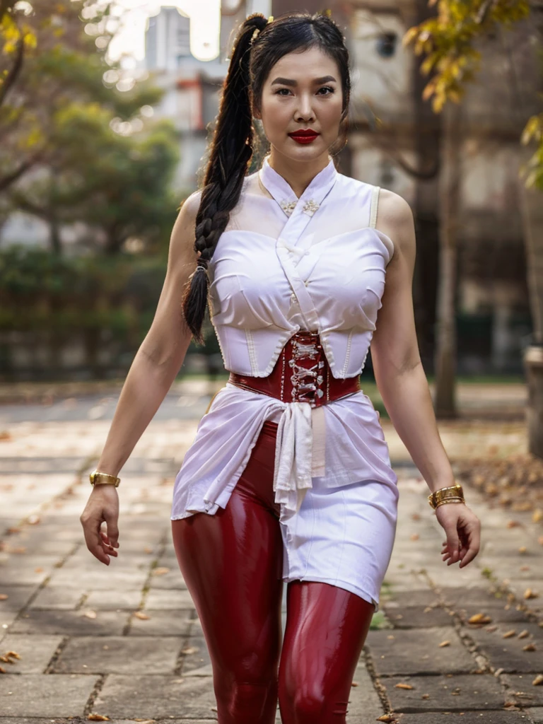 ((best quality)), ((Masterpiece)), (4k details), photorealism, head to knees, (((Old Asian woman))), ((Age 70)), Plump body, tight red latex leggings, white cotton dress shirt, purple leather waist corset, Big muscles, Twintail hairstyle, Eyes on the camera, red lips"