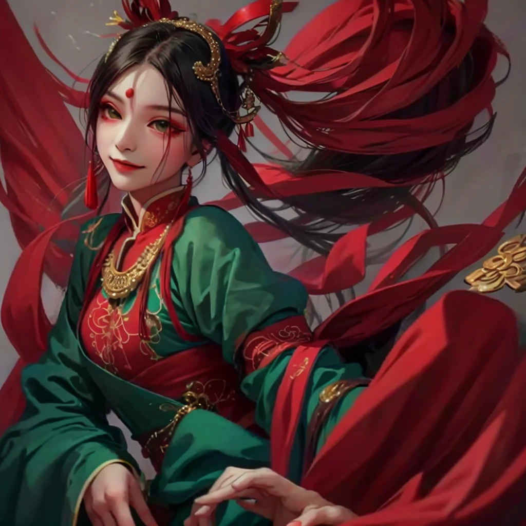 Mainly green,Red jewelry,alone,Kind,dignified,Chinese clothing,Smile,Red eyeshadow,woman
