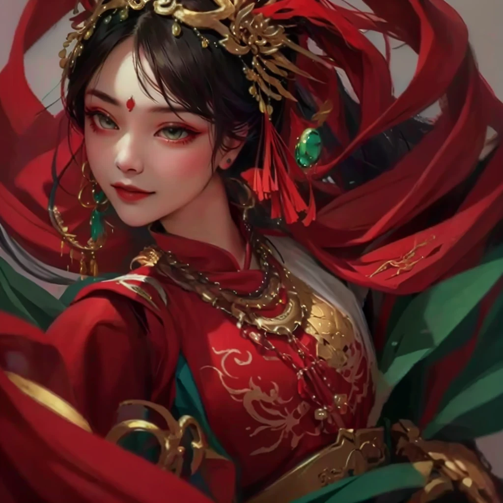 Mainly green，Red jewelry，alone，Kind，dignified，Chinese clothing，Smile，Red eyeshadow，woman