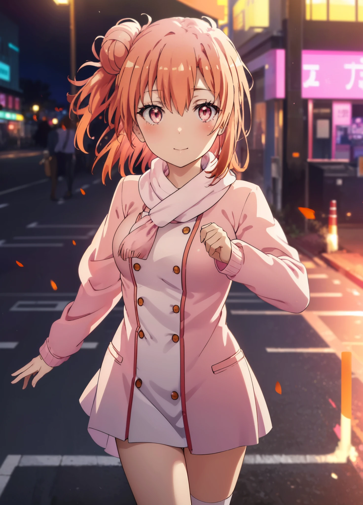 yuiyuigahama, yui yuigahama, Long Hair, (Pink Eyes:1.5), (Orange Hair:1.2), Hair Bun, single Hair Bun,blush, smile, (Big Breasts:1.2),Red scarf,Pink long coat Open the button,White sweater,Short Band,Black knee-high socks,short boots,evening,sunset,whole bodyがイラストに入るように,
break outdoors,city,Building Street,
break looking at viewer,whole body,
break (masterpiece:1.2), Highest quality, High resolution, unity 8k wallpaper, (shape:0.8), (Beautiful and beautiful eyes:1.6), Highly detailed face, Perfect lighting, Highly detailed CG, (Perfect hands, Perfect Anatomy),