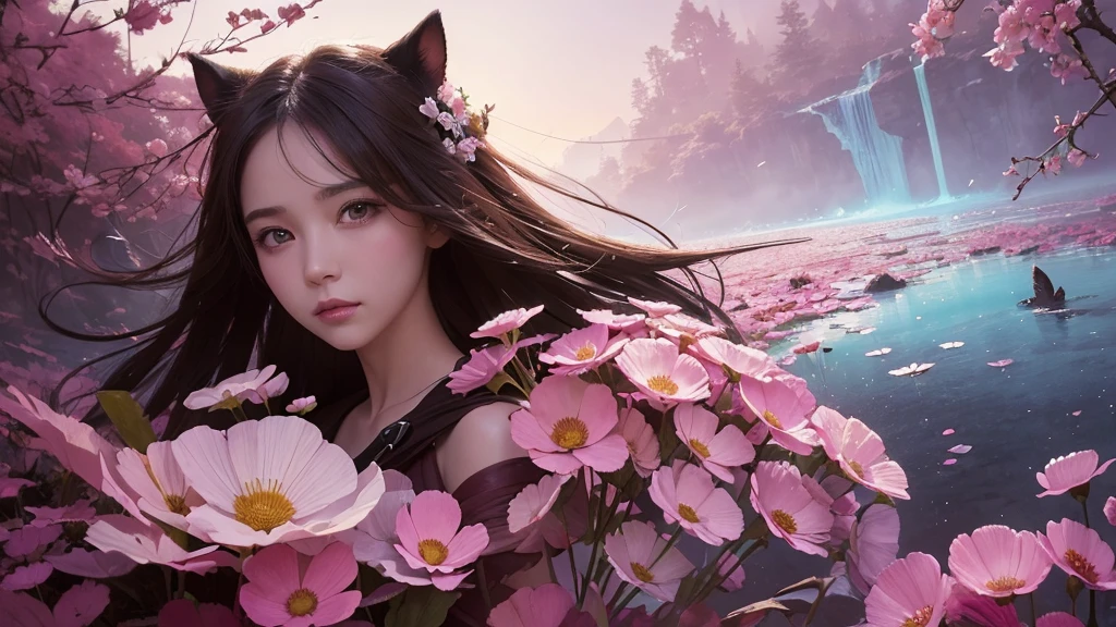 32k, Masterpiece, Highest quality, One girl, Detailed eyes, flower,Sandersonia, Pink and brown style,A dreamy, romantic piece,Pale pink, Mysterious Leaves,A playful arrangement,Fantasy,High Contrast,Ink strokes,explosion,Exposure, Impression of pink and brown tones,Abstract,((Watercolours by John Berkey and Jeremy Mann )) Brush strokes,Negative Space, Tyndall effect,