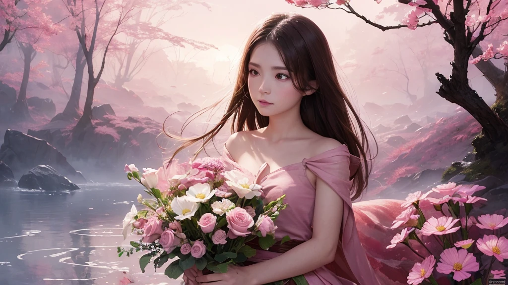 32k, Masterpiece, Highest quality, One girl, Detailed eyes, flower,Sandersonia, Pink and brown style,A dreamy, romantic piece,Pale pink, Mysterious Leaves,A playful arrangement,Fantasy,High Contrast,Ink strokes,explosion,Exposure, Impression of pink and brown tones,Abstract,((Watercolours by John Berkey and Jeremy Mann )) Brush strokes,Negative Space, Tyndall effect,