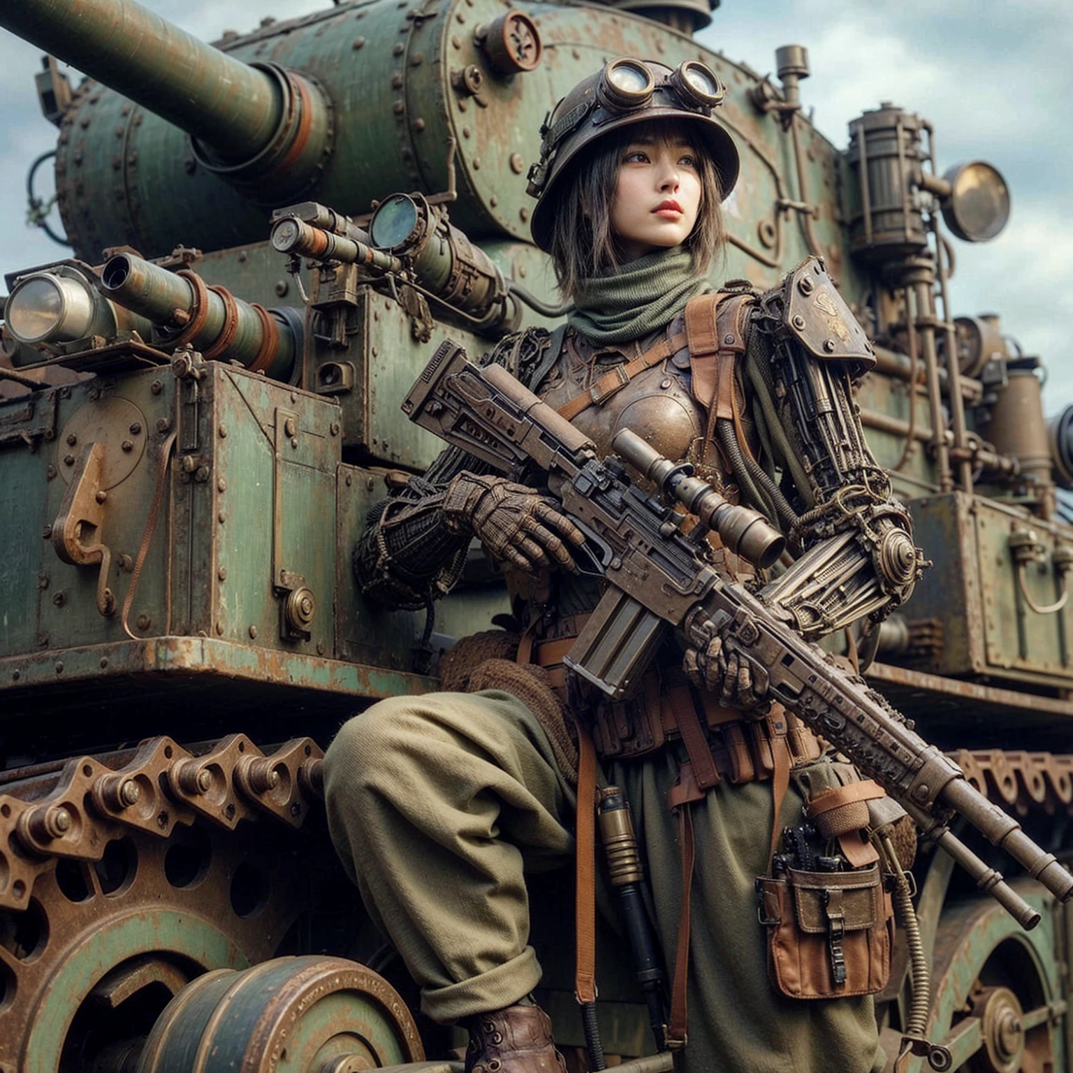 (masterpiece, best quality:1.2), (8k uhd, 16k, 32k, ultra high res), Steampunk, fictional WWII former Japanese Imperial Army armored car and cyborg Japanese female soldier, beautiful face, torn pants, dirty clothes, very intricate details, olive drab paint, peeling paint, weathering, fortress attack, realistic photo, taken with Fuji film X-T30+Nokton. HDR10
